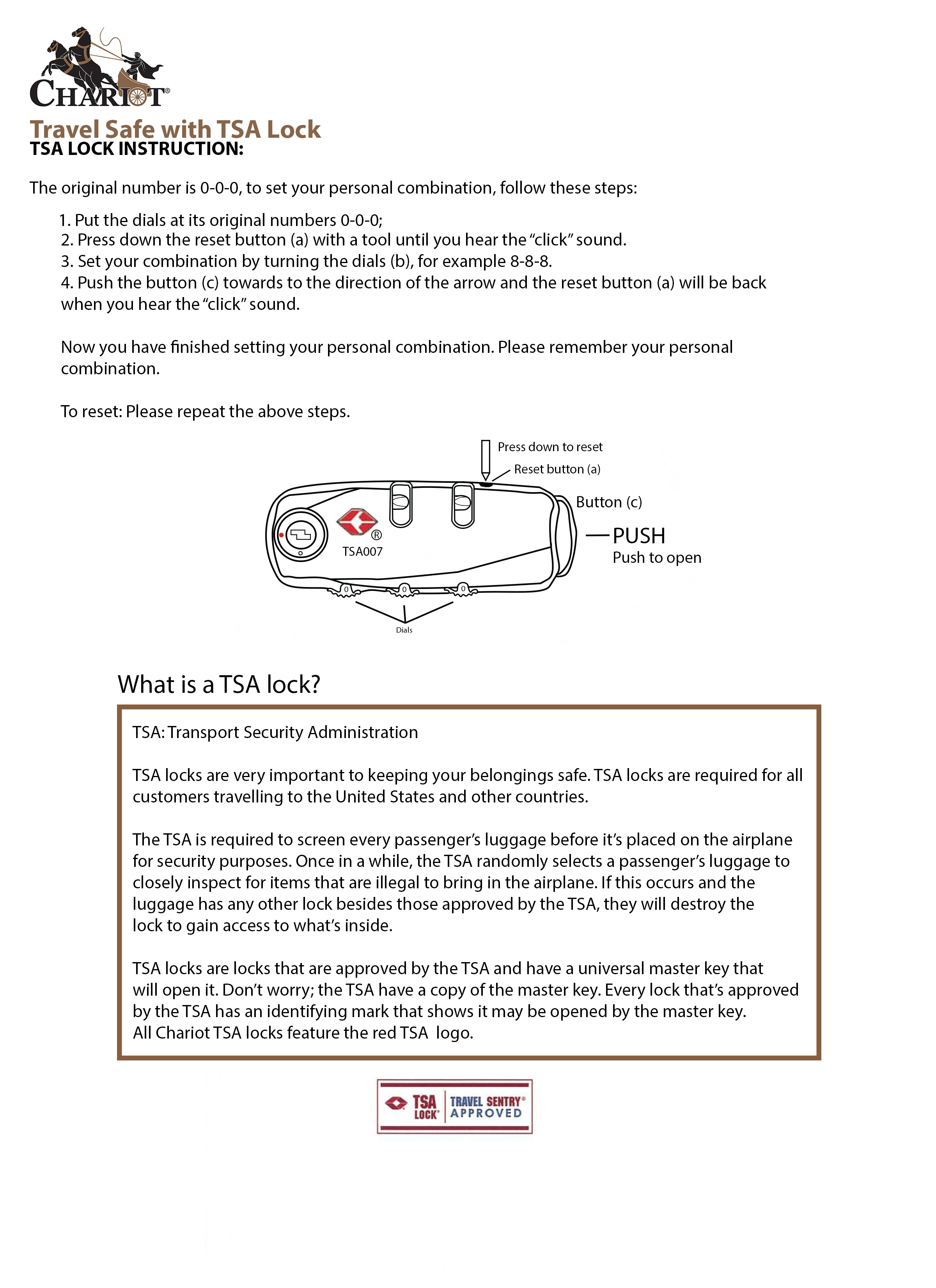 TSA Lock Instructions Chariot Travelware